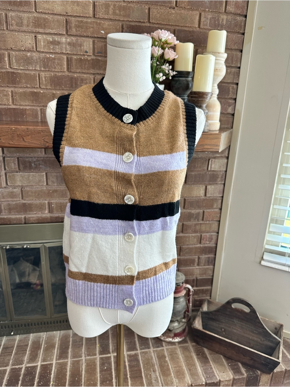 Maeve Anthropologie Striped Button-Front Sweater Vest S Camel Lilac